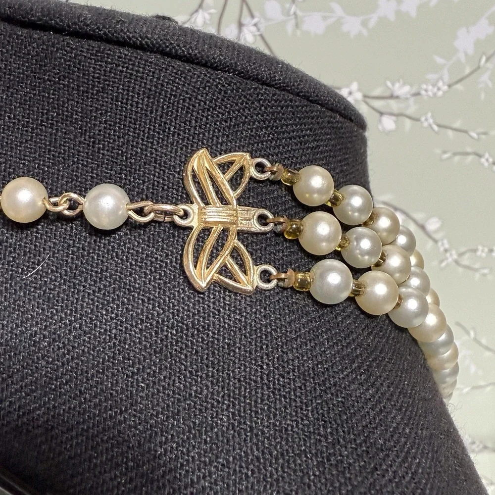 VTG Necklace Multi-Strand Signed JAPAN Gold Tone Faux Pearl Shepherd Hook Estate